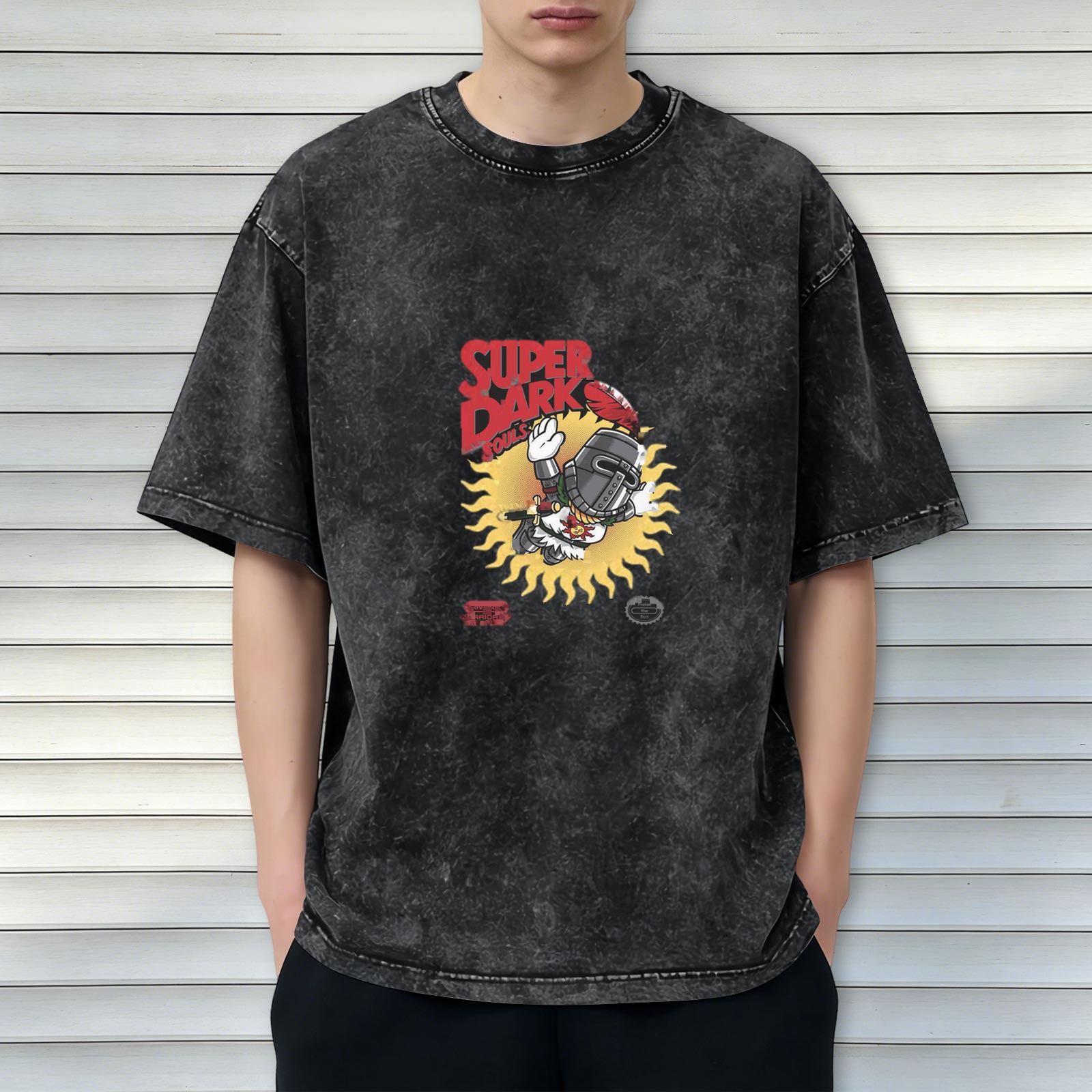 Distressed washed black loose short-sleeved T-shirt Game themed print Dark Souls Sun Knight design
