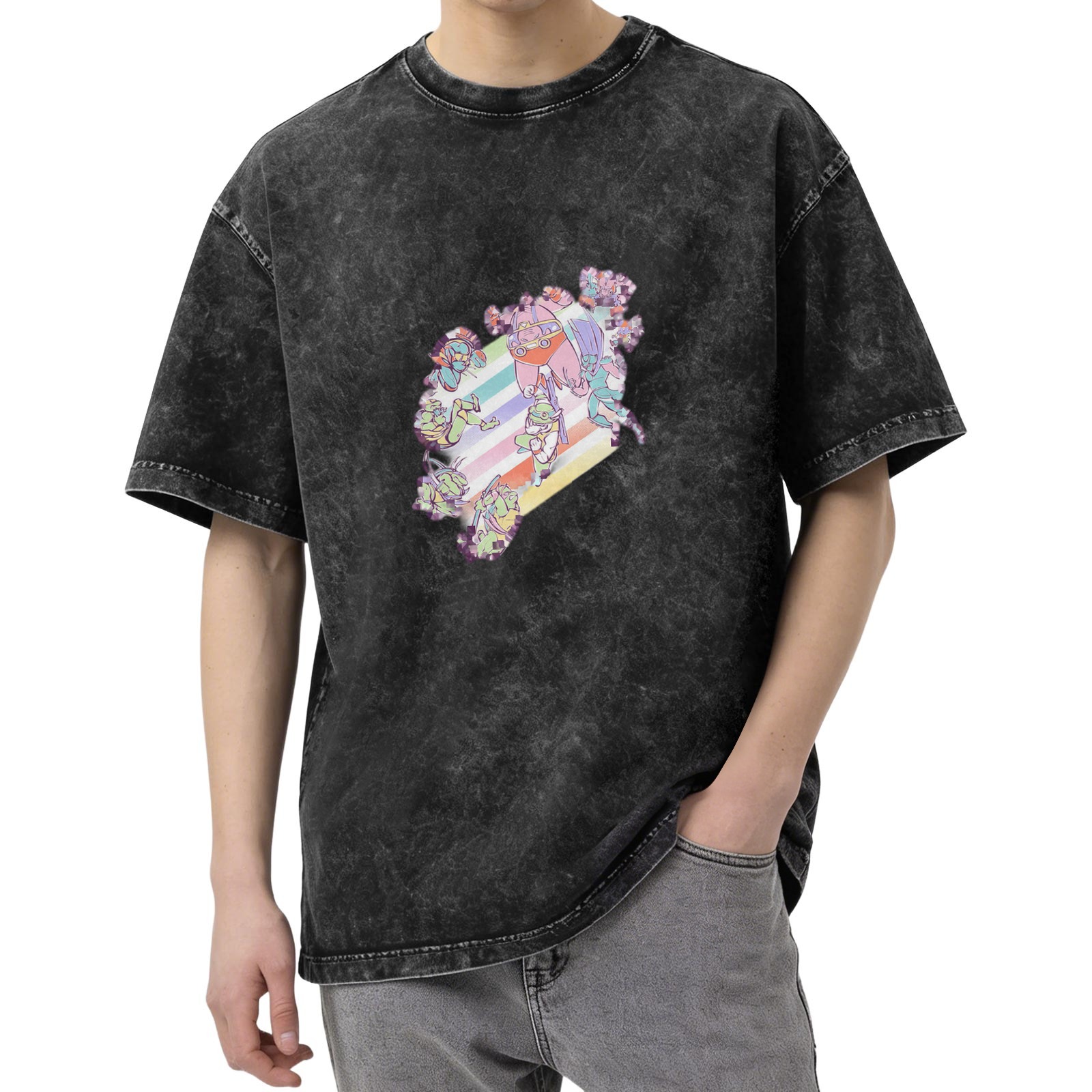 Oversized Acid Wash Graphic T-Shirt with Pastel Anime Characters