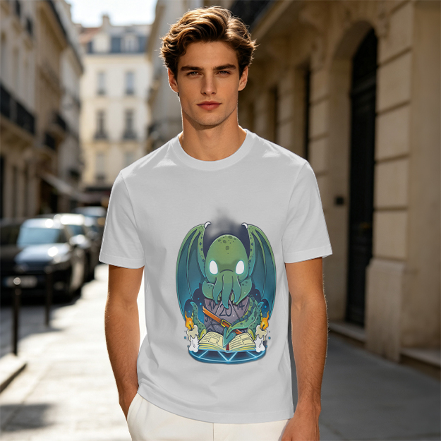 Olive T-shirt with Cute Cthulhu Reading Grimoire Print
