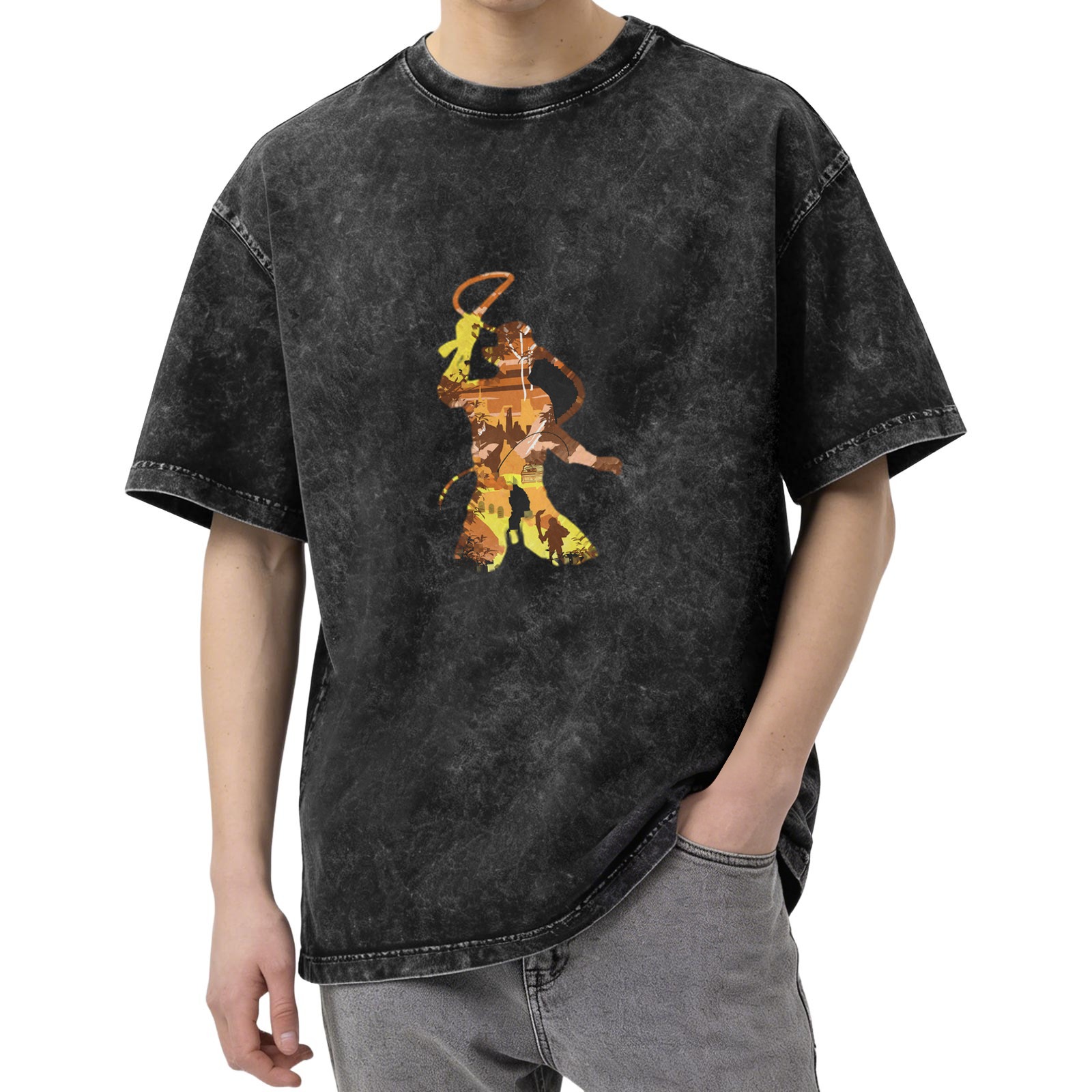 Washed Black Oversized T-Shirt With Monkey King Silhouette Graphic