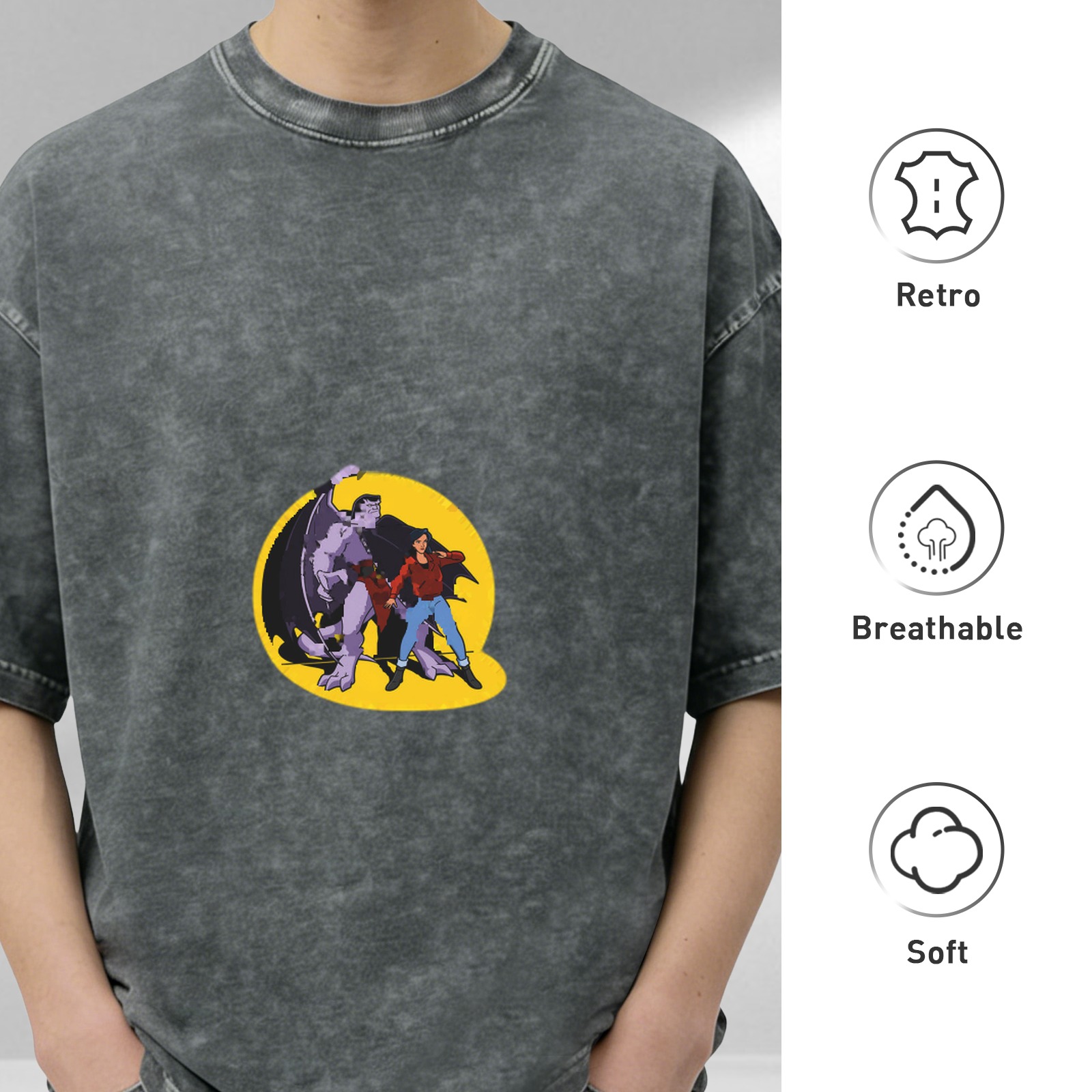 Washed Black T-Shirt with Gargoyles Cartoon Character Graphic