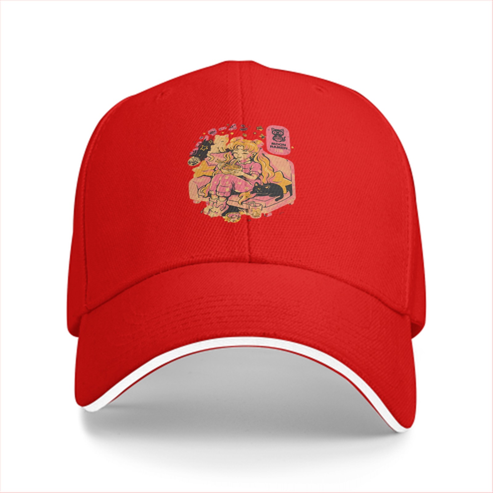 Black Baseball Cap with Anime Girl Eating Ramen Print