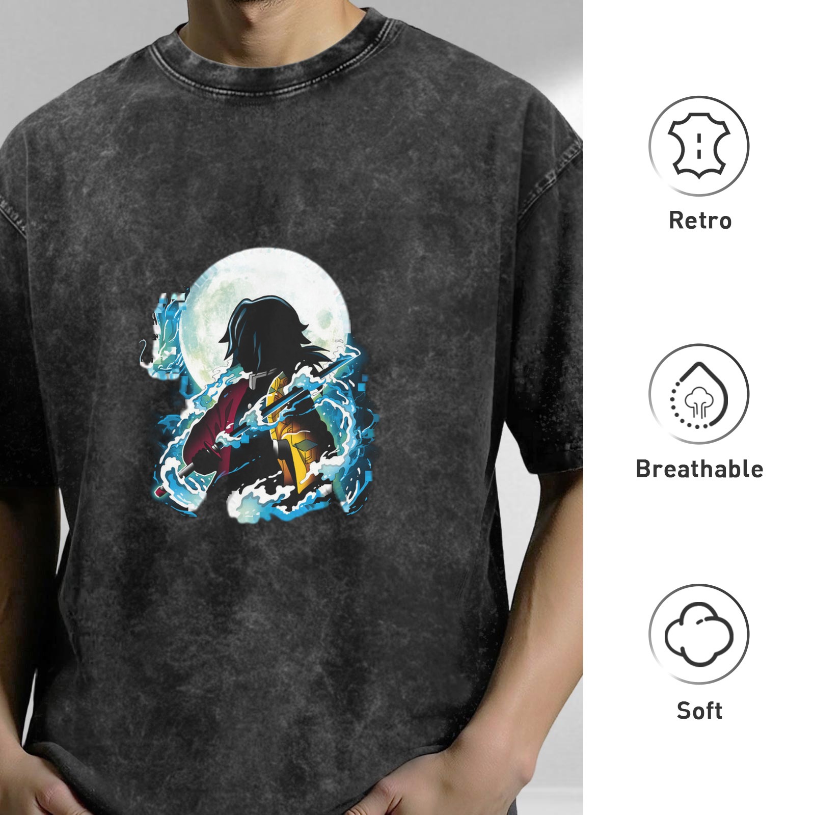 Demon Slayer: Kimetsu no Yaiba Tomioka Giyuu themed washed and distressed loose short-sleeved T-shirt