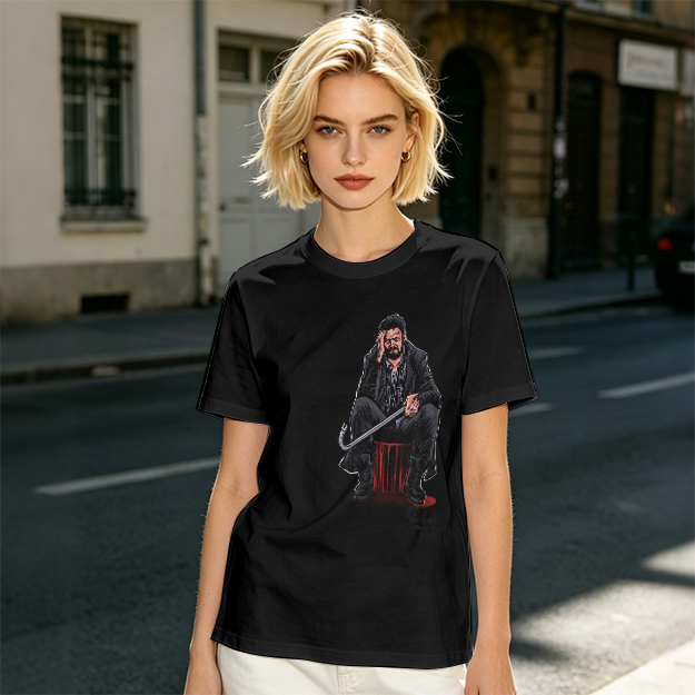 Olive T-shirt with seated bearded man holding crowbar graphic