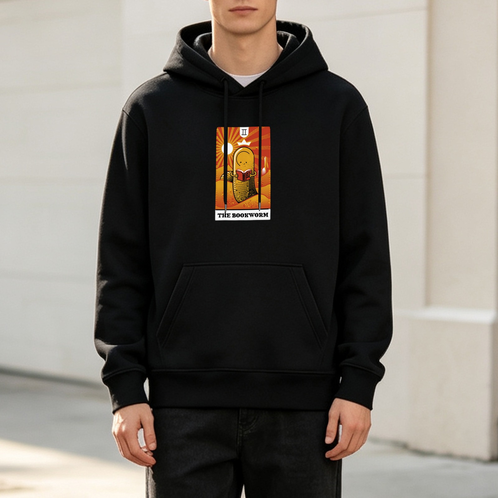 Black hoodie with The Bookworm tarot-style graphic print