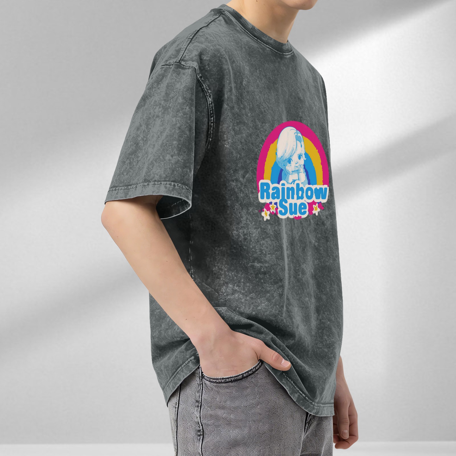 Oversized Dark Wash T-Shirt With Rainbow Sue Graphic Print