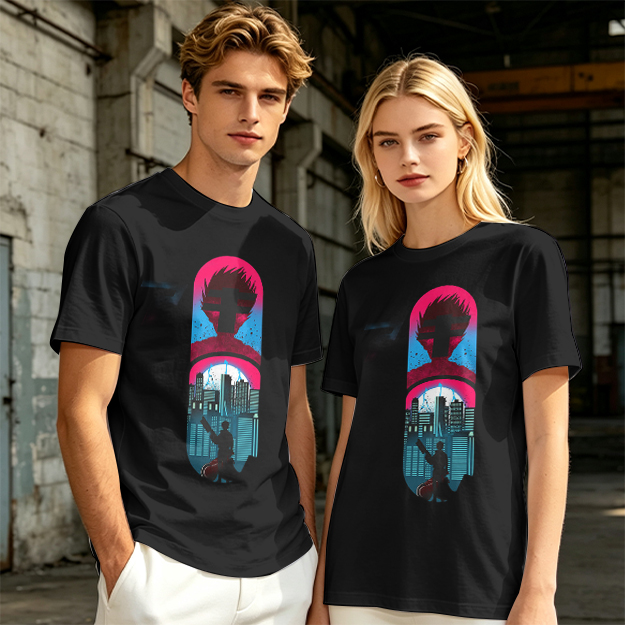 Olive T-Shirt With Cyberpunk City And Spiky Silhouette Graphic