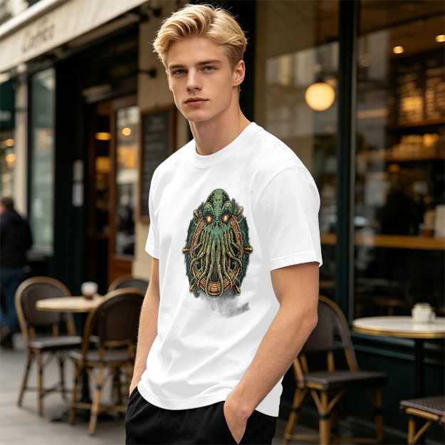 Olive Green T-Shirt With Cthulhu Ship Wheel Graphic