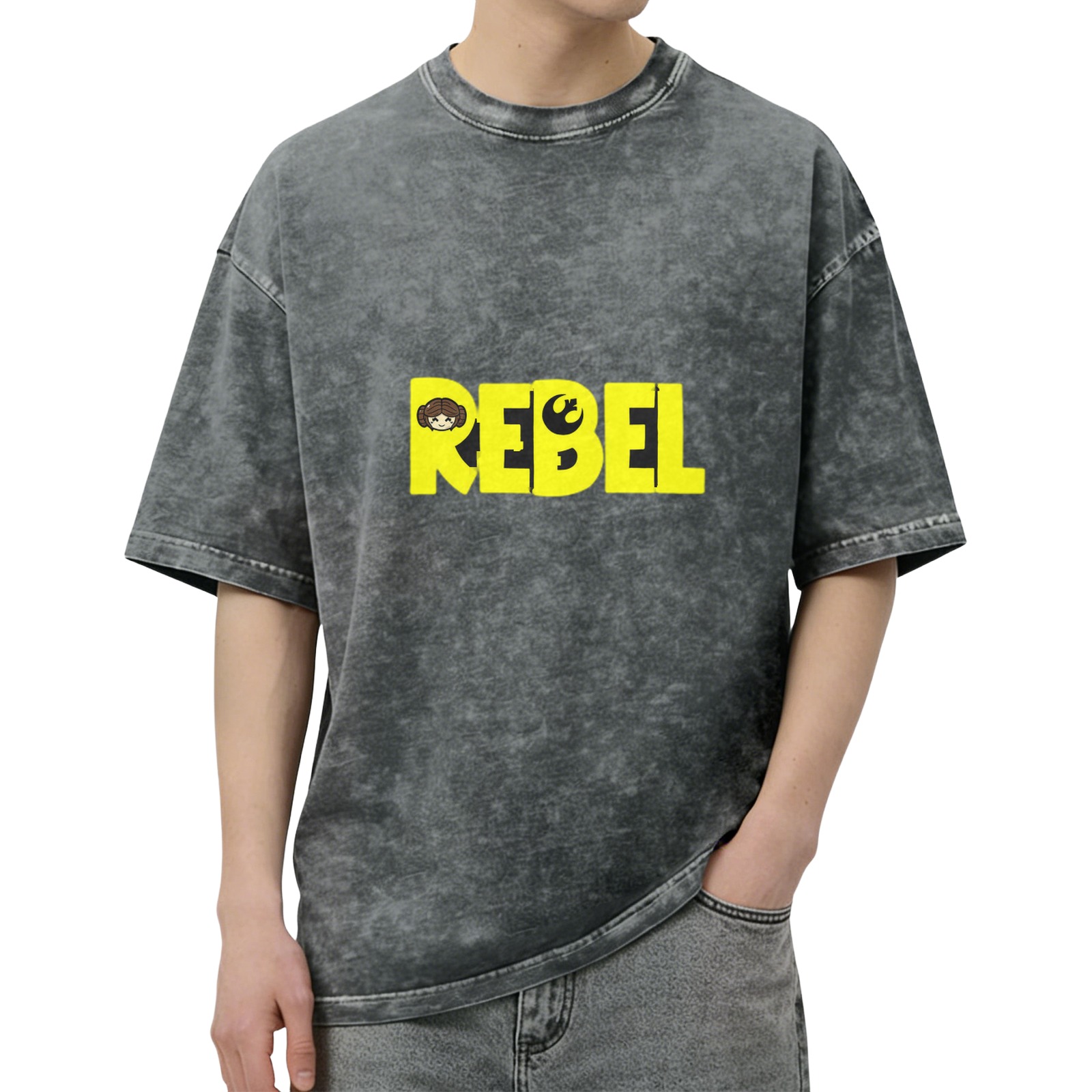 Washed Black Rebel Graphic T-Shirt with Princess Leia Art