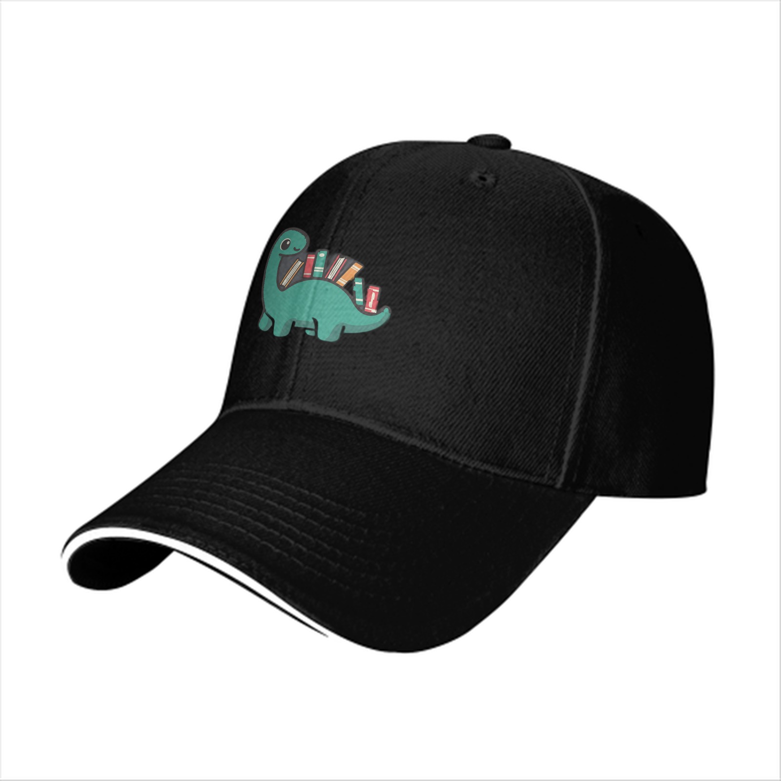 Black baseball cap with cute dinosaur carrying books graphic