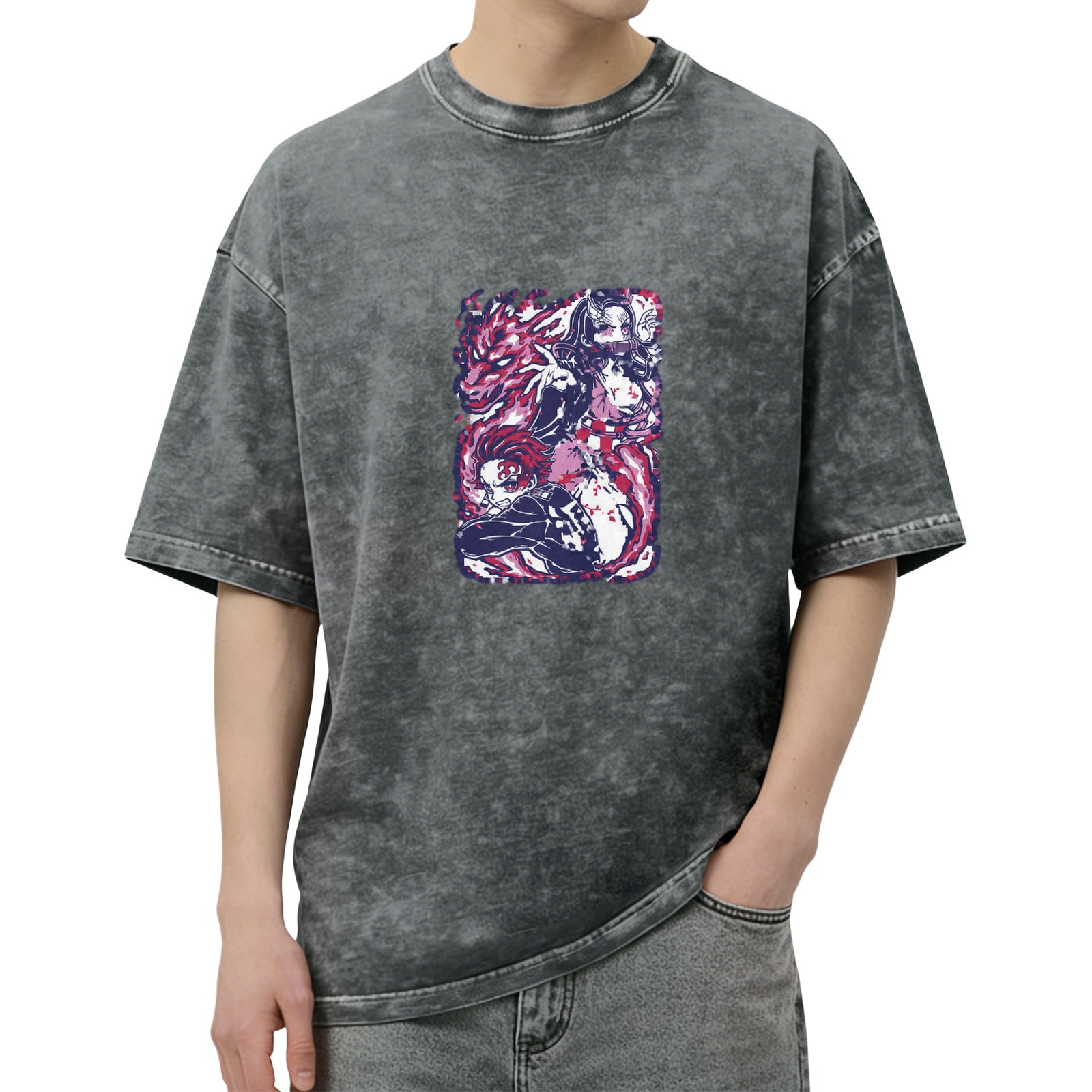 Demon Slayer themed distressed washed black loose short-sleeved T-shirt