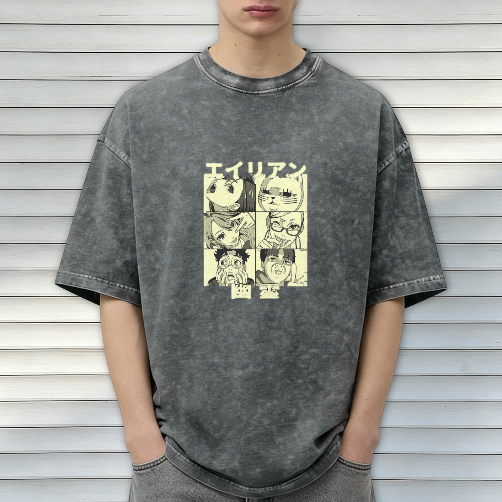 Anime Graphic Print Acid-Wash Oversized T-Shirt