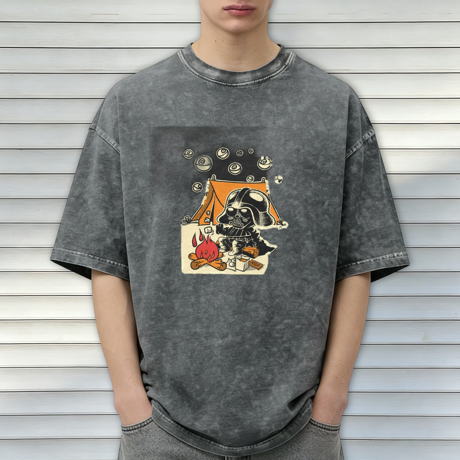 Oversized dark wash t-shirt with cartoon Darth Vader camping graphic