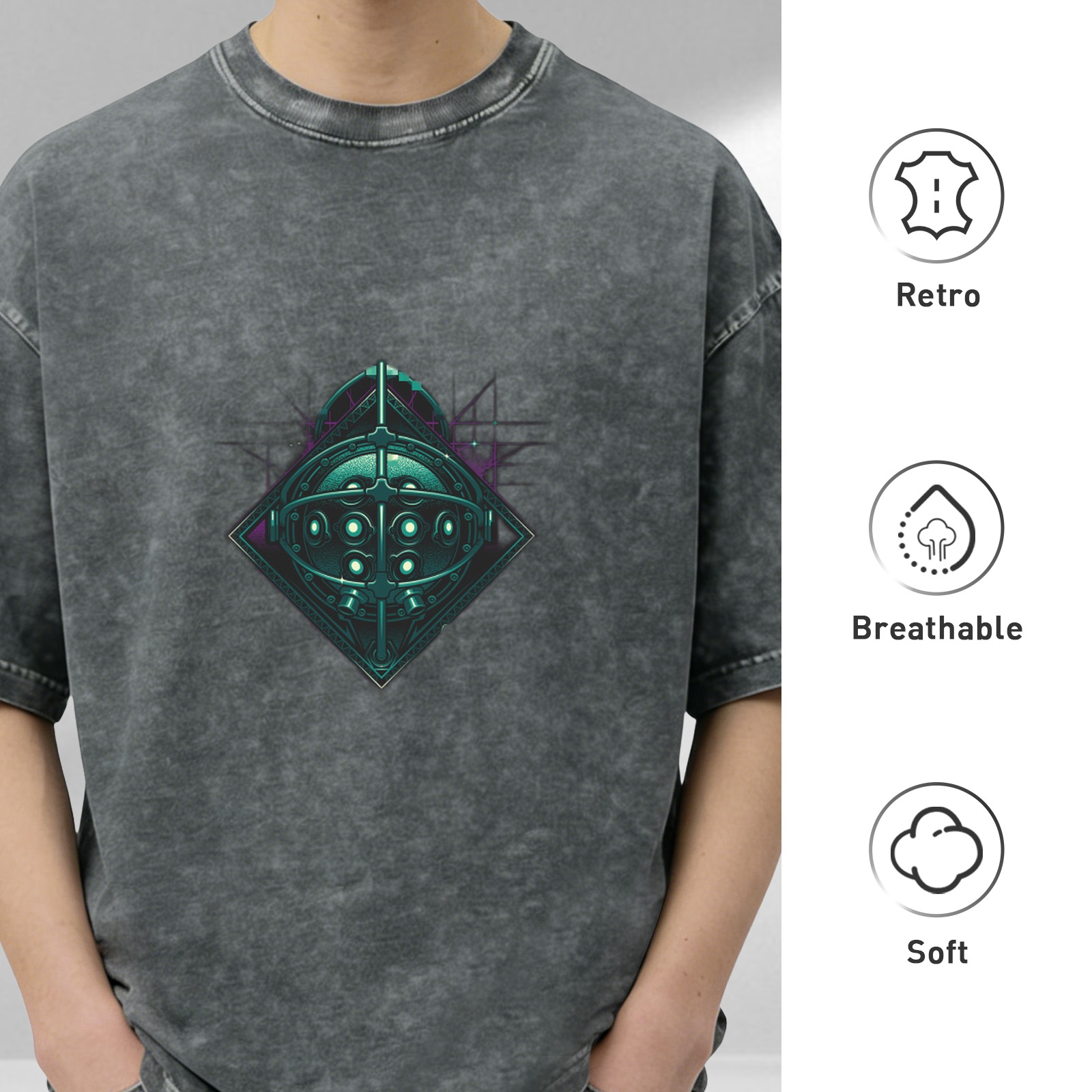Washed Black T-Shirt With Glowing Teal Mechanical Emblem Print