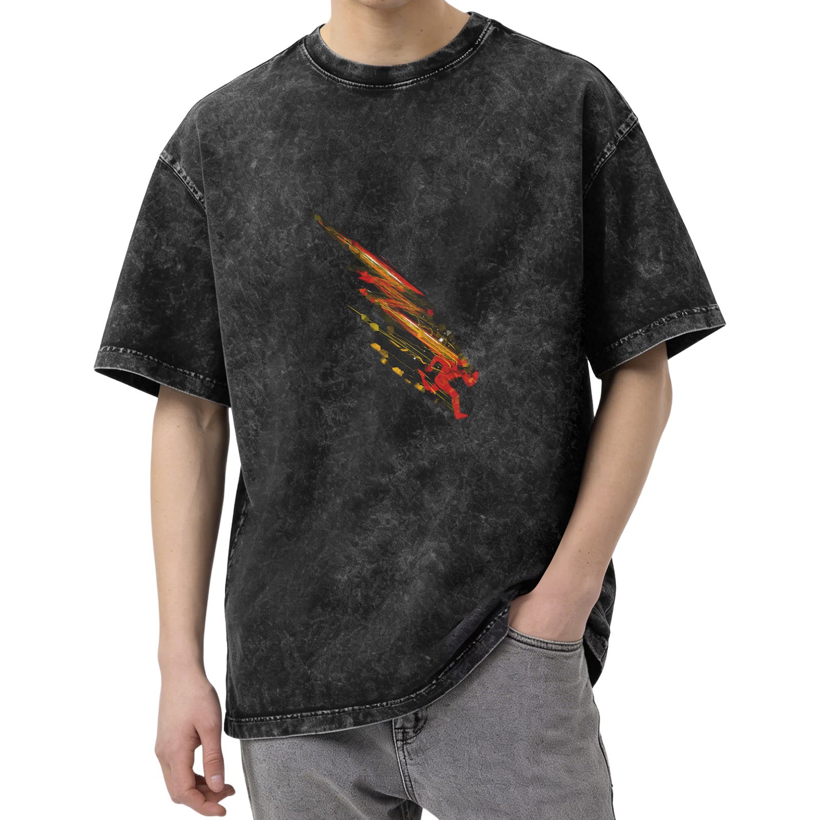 Oversized acid wash t-shirt with speedster running graphic