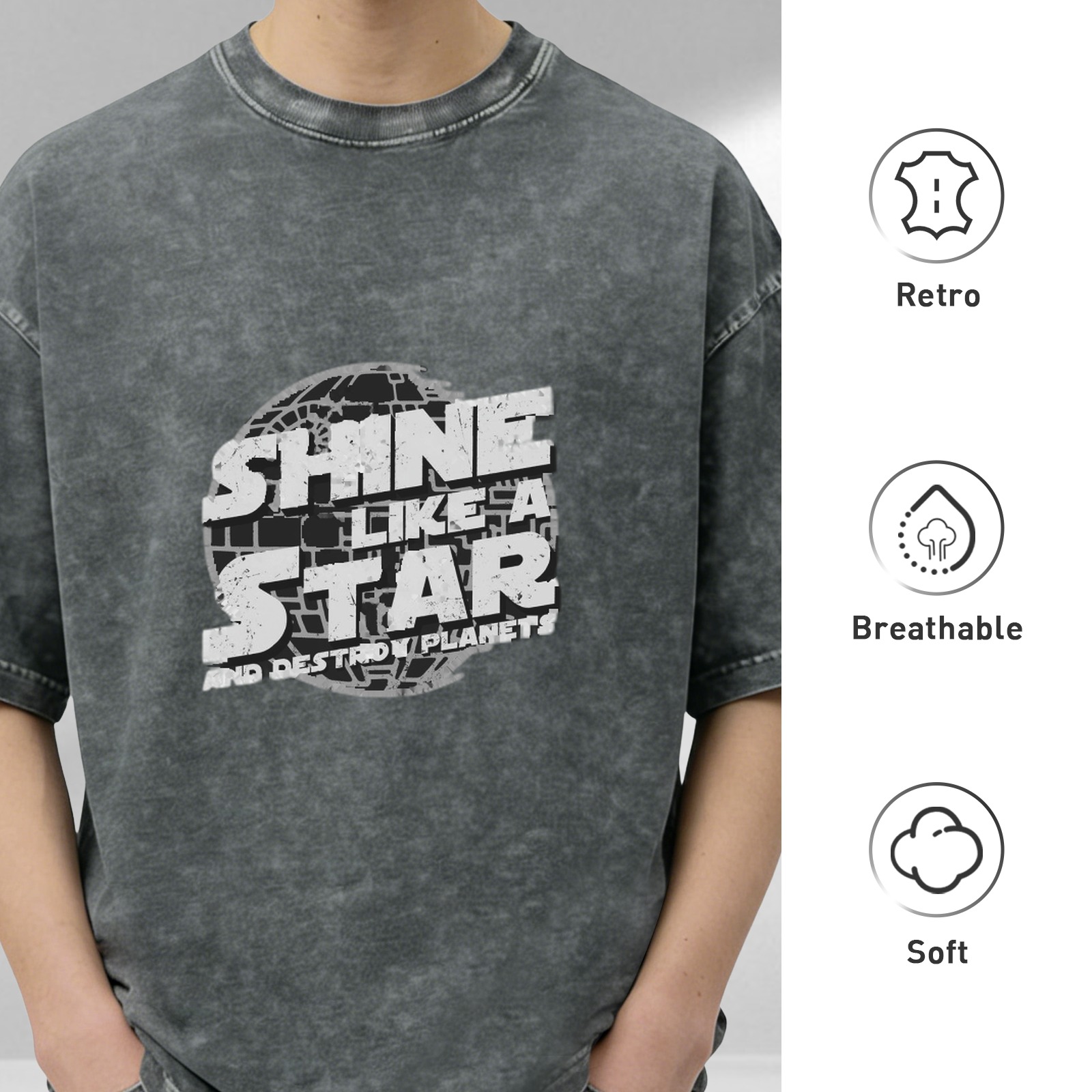 Washed Cotton T-Shirt With Shine Like A Star Destroy Planets Print