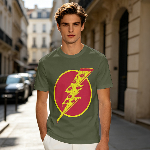 Olive T-Shirt With Pizza Lightning Bolt Graphic