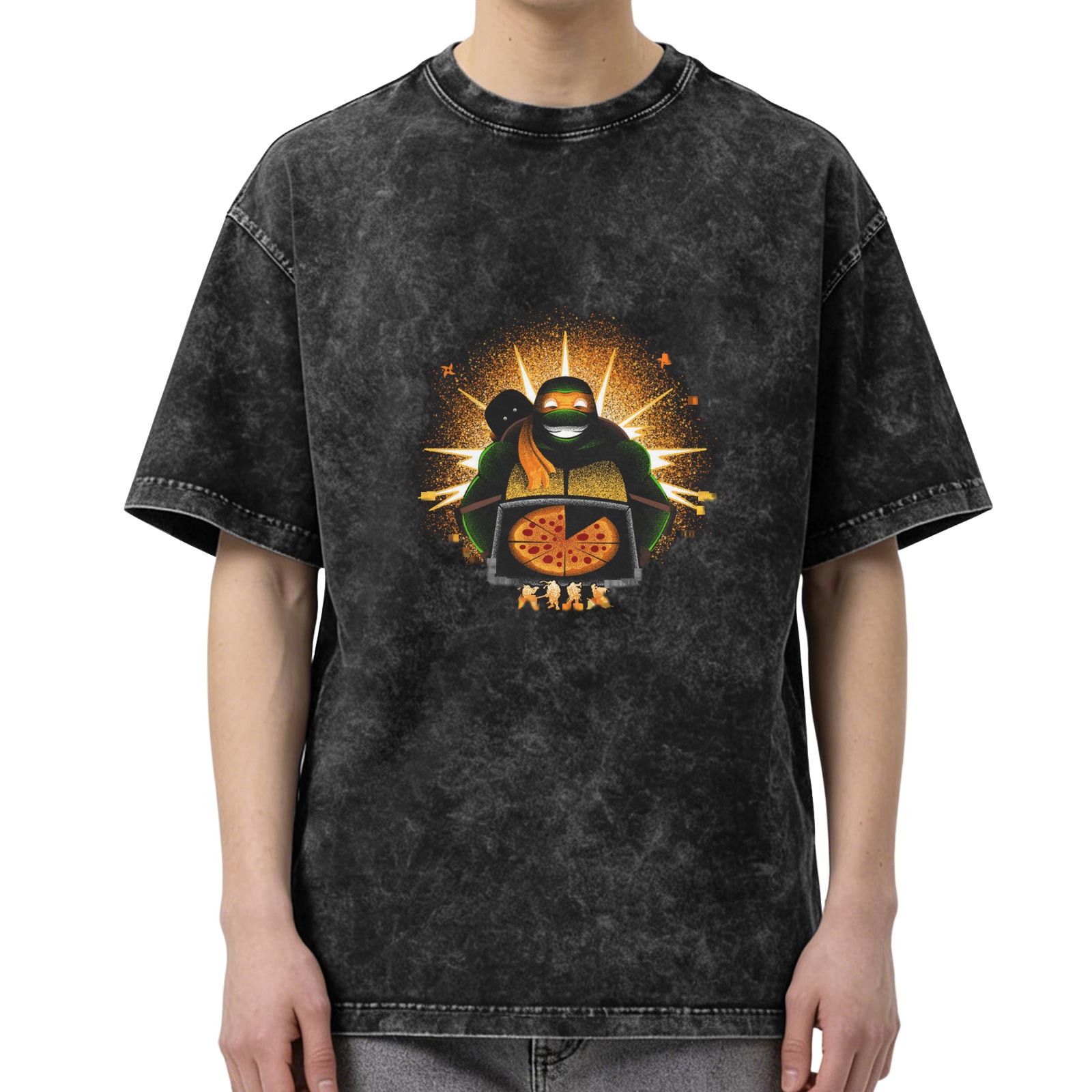 Washed Black T-Shirt With Ninja Turtle Holding Pizza Graphic