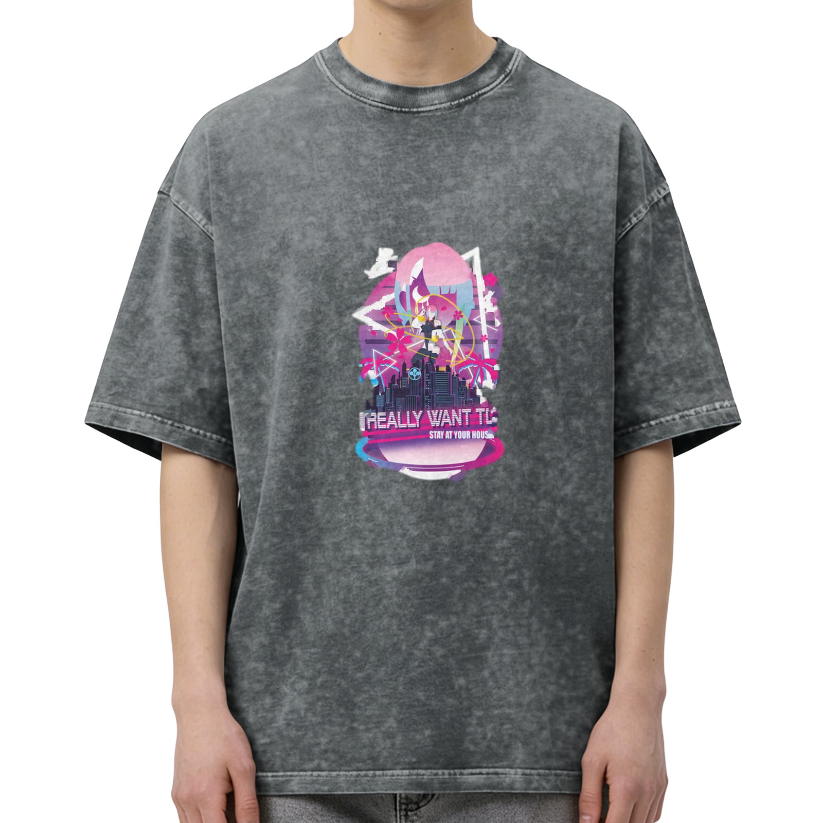 Washed black graphic t-shirt with anime cityscape and text print