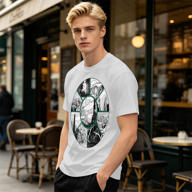 Olive Green T-Shirt With Circular Fantasy Landscape Art Print