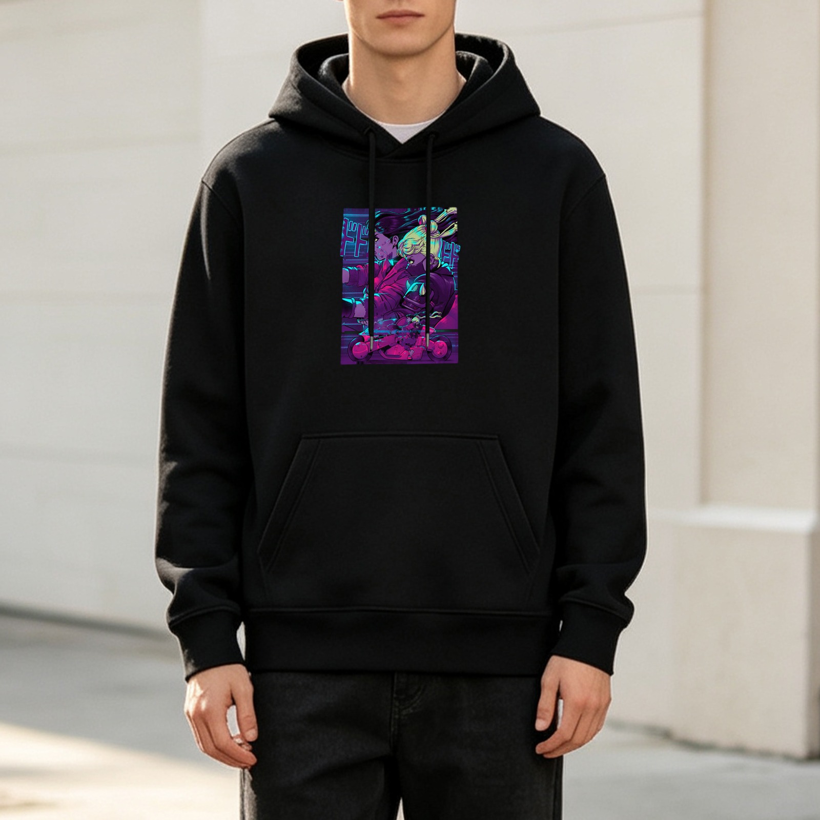 Black hoodie with cyberpunk anime graphic print