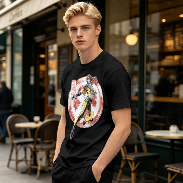 Olive T-shirt with X-Men style superhero graphic print