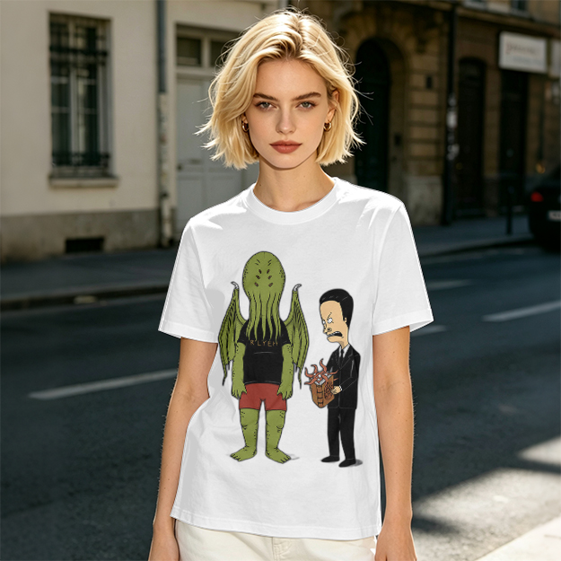 Olive T-Shirt Featuring Cthulhu and Beavis in Suits Graphic