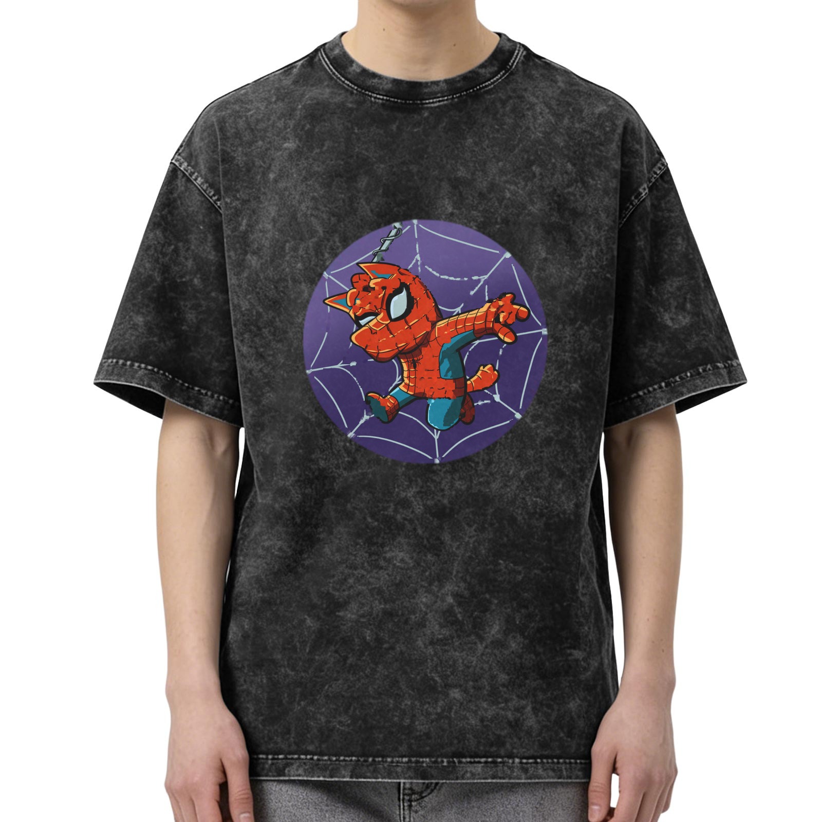 Oversized Dark Wash T-Shirt With Spider-Cat Web Print