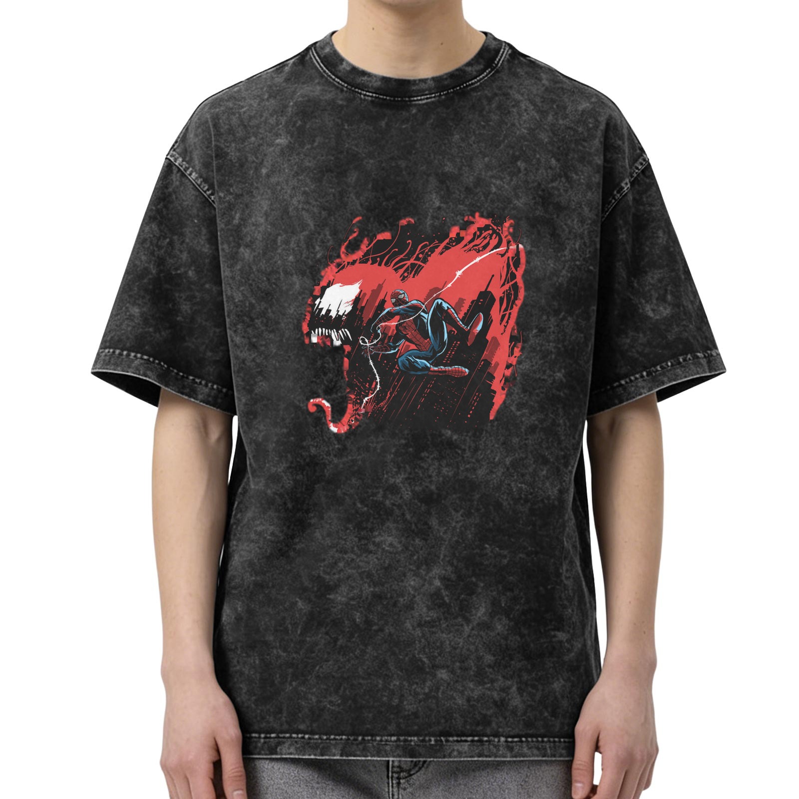 Oversized Acid Wash T-Shirt with Spider-Man vs Symbiote Graphic