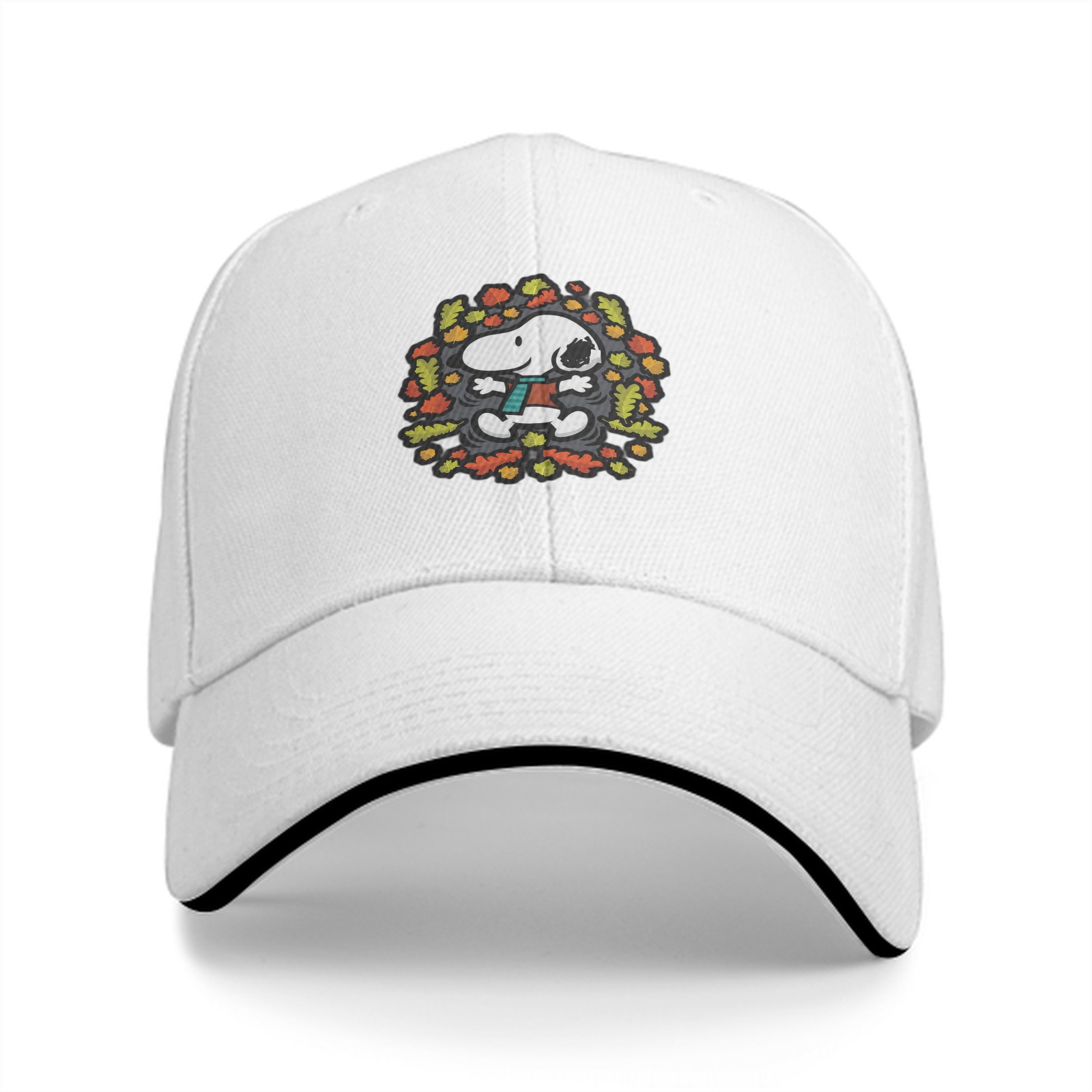 Black baseball cap with Snoopy playing in autumn leaves