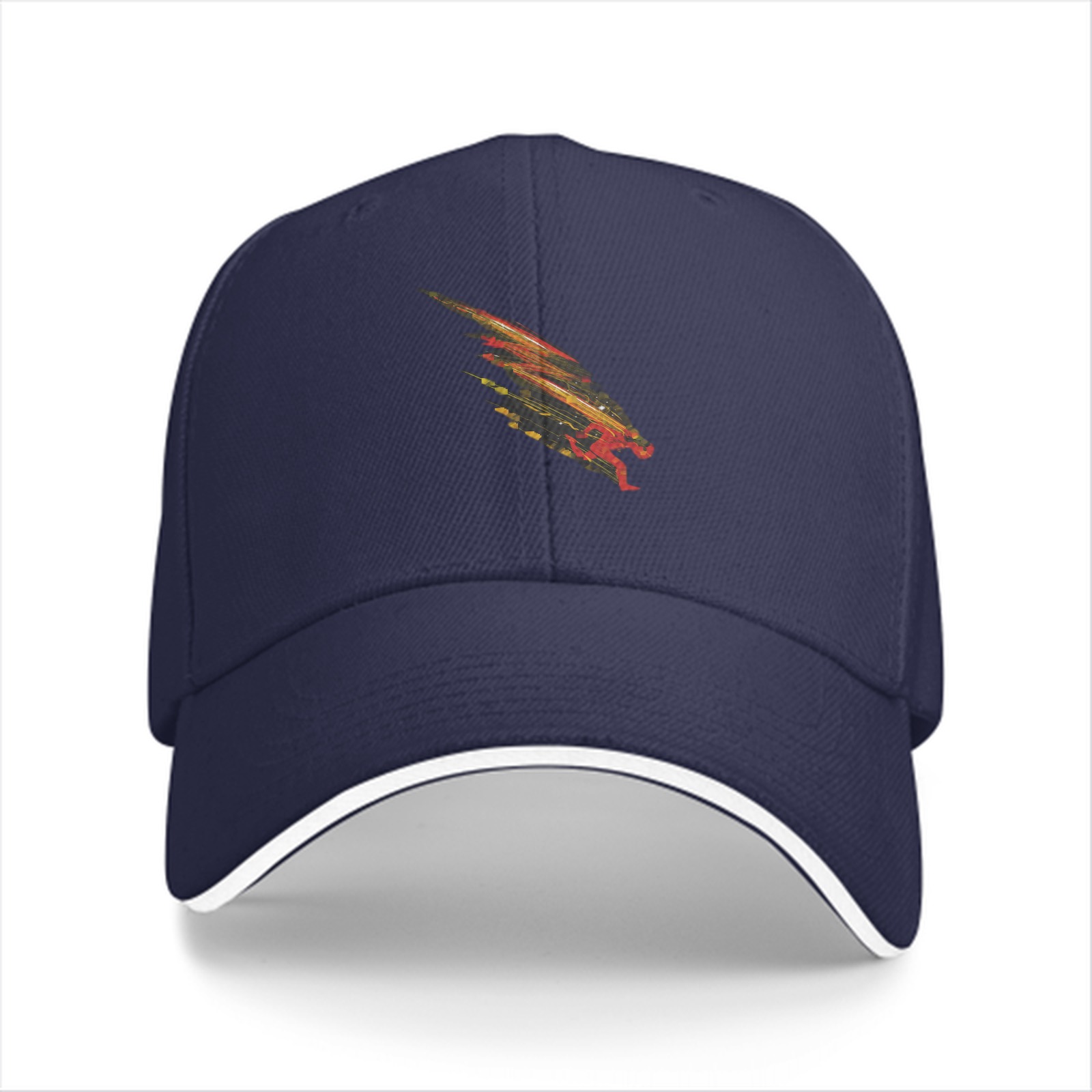 Black baseball cap with stylized fiery feathered creature graphic