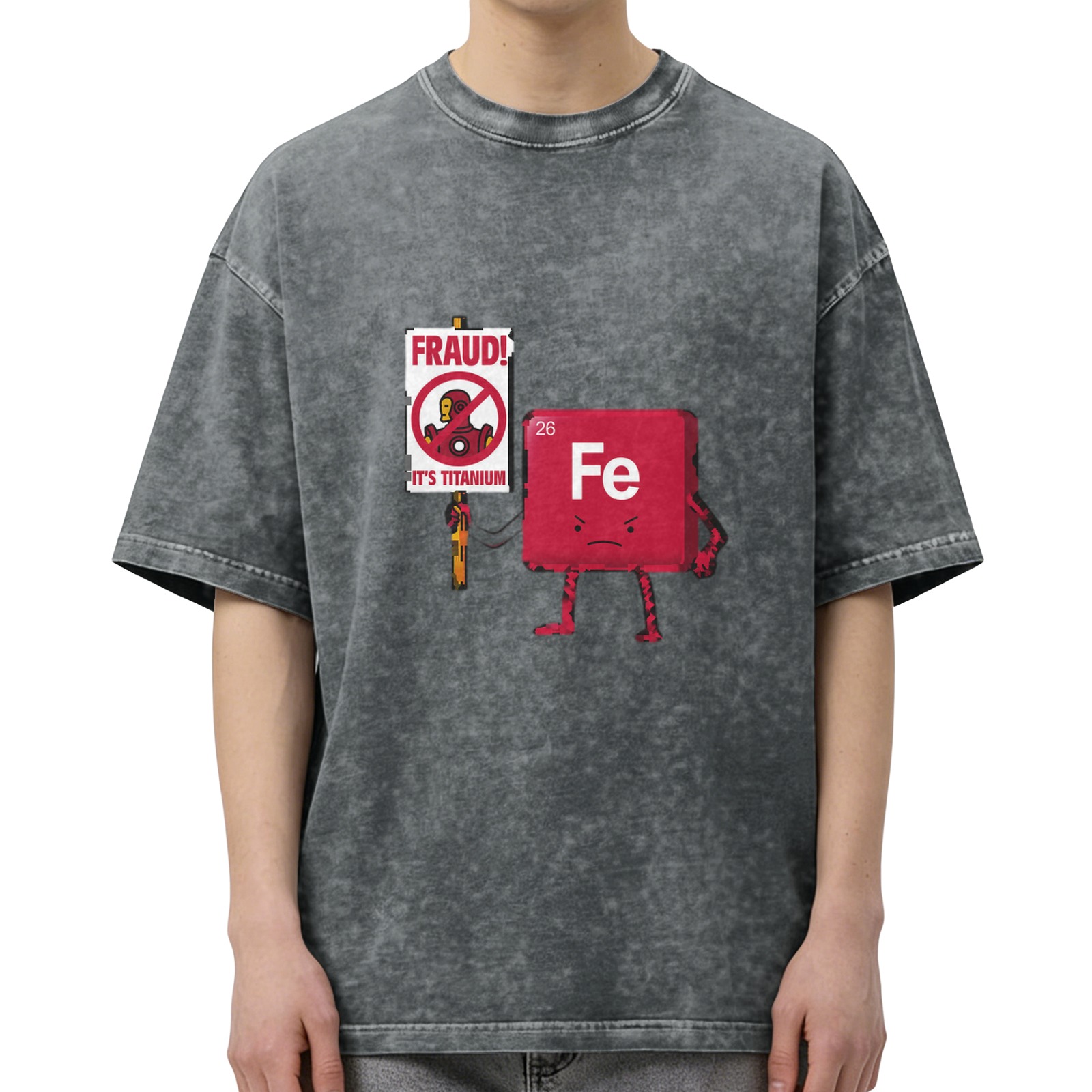 Oversized Acid Wash T-Shirt with Funny Iron Man Titanium vs Iron Element Graphic