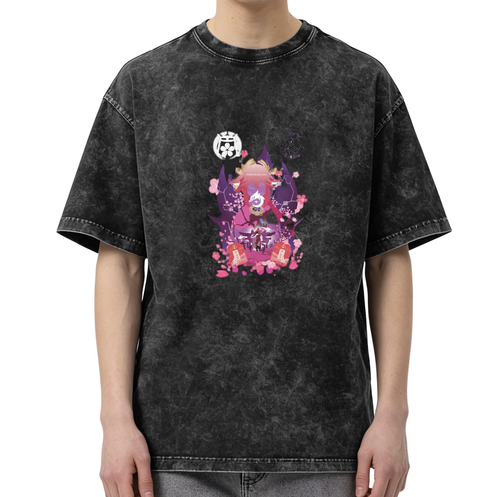 Washed Black Anime Graphic T-Shirt with Cherry Blossom Design