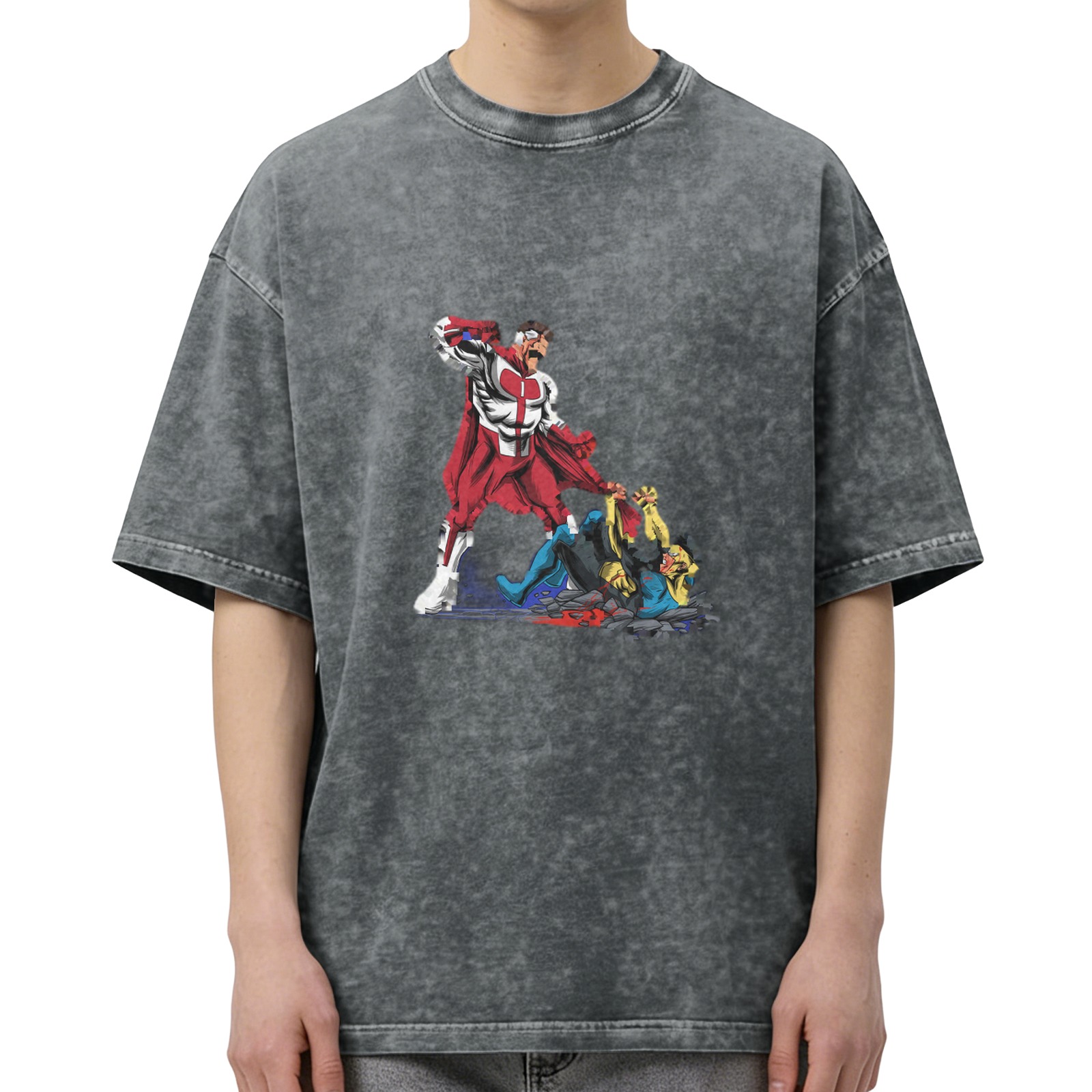 Oversized Dark Wash T-Shirt with Superhero Fight Graphic Print