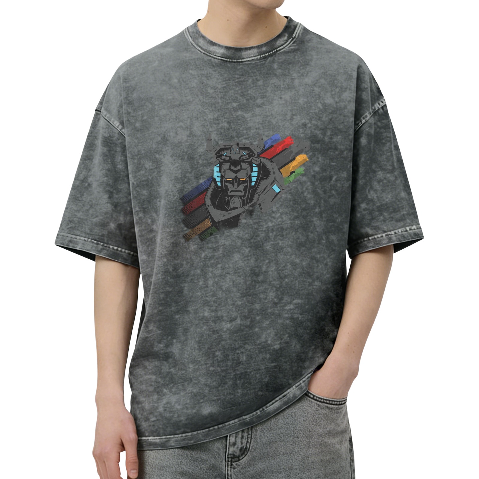 Distressed black loose short-sleeved T-shirt Voltron mecha print