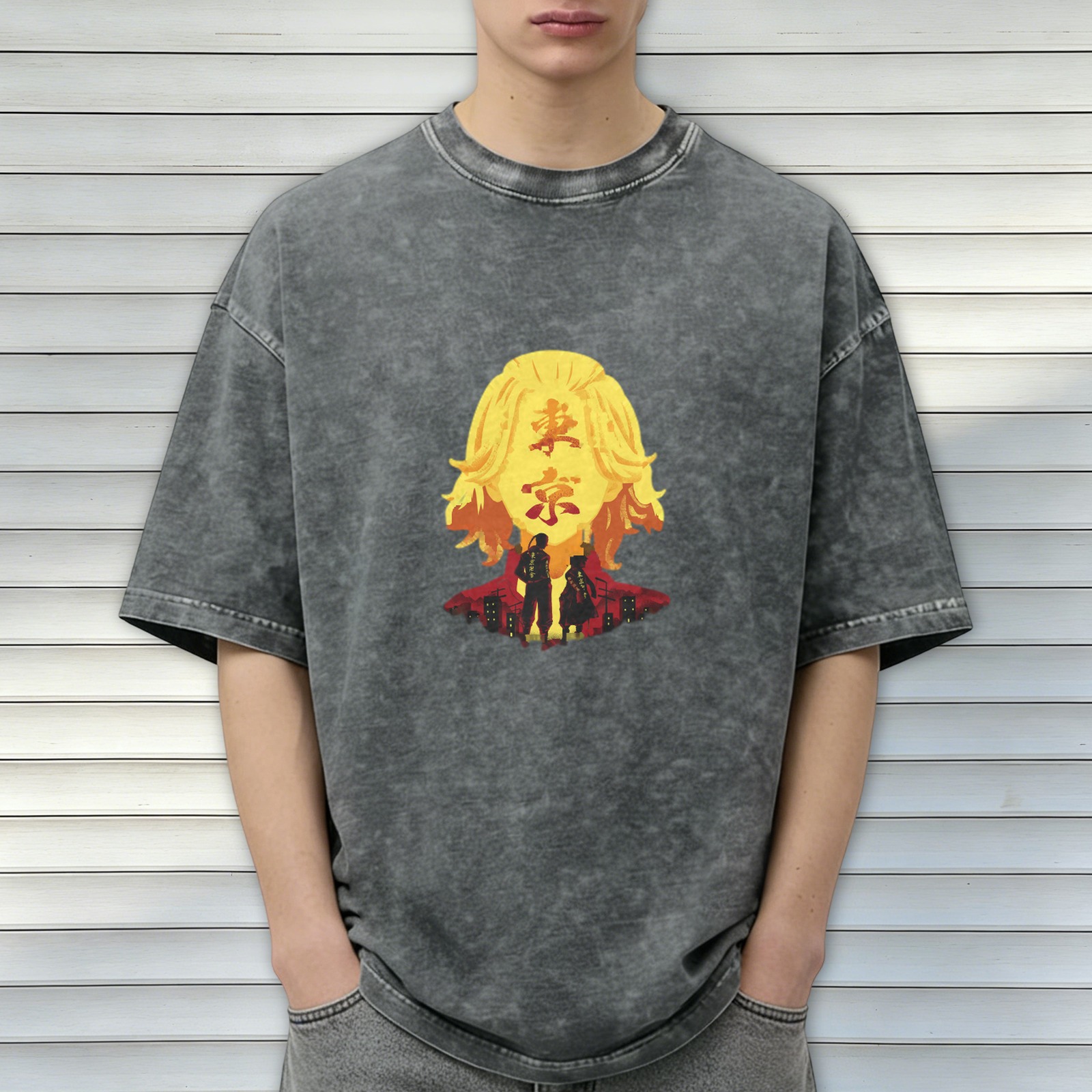 Tokyo Avengers anime theme washed distressed black loose short-sleeved T-shirt