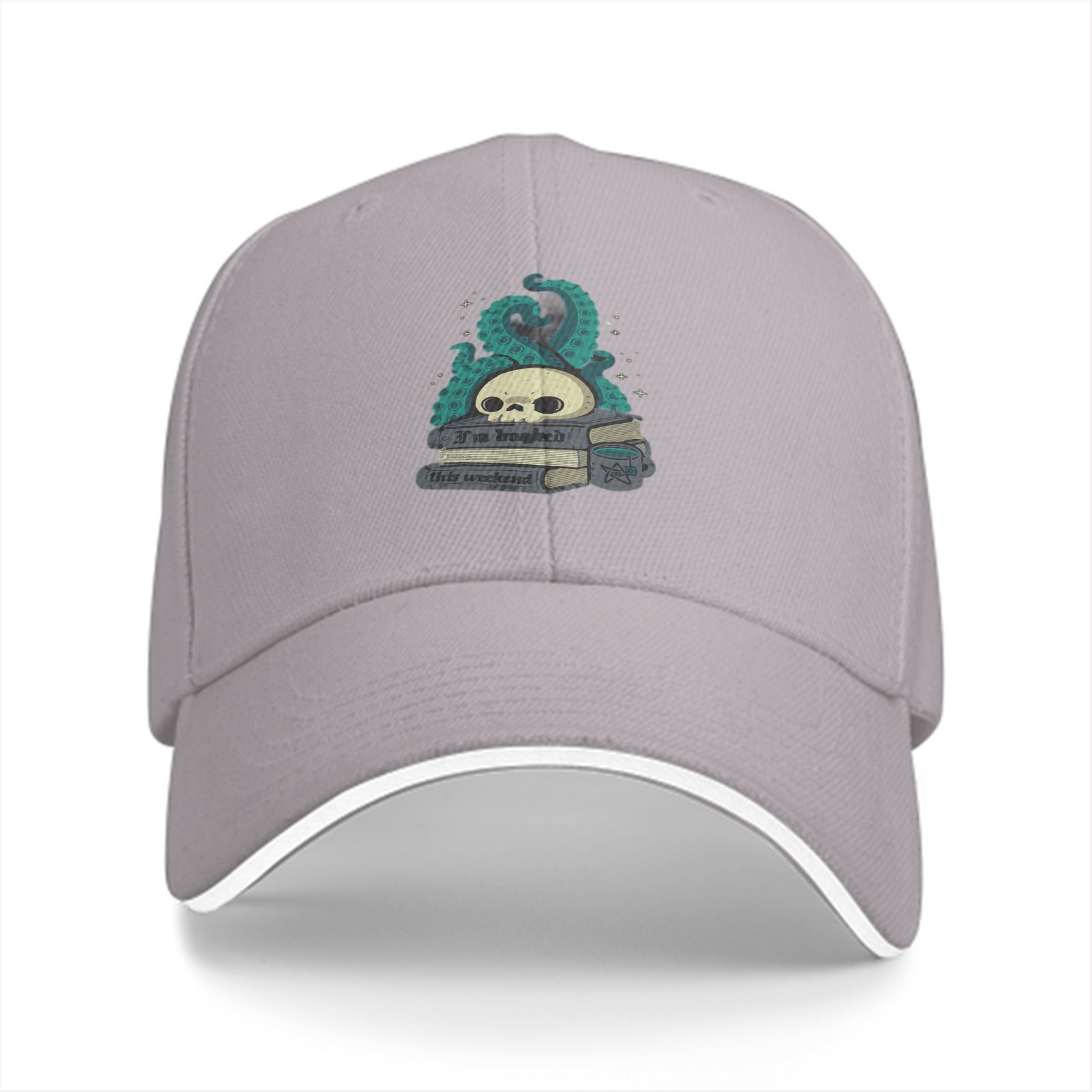 Black baseball cap with skull tentacle book graphic design