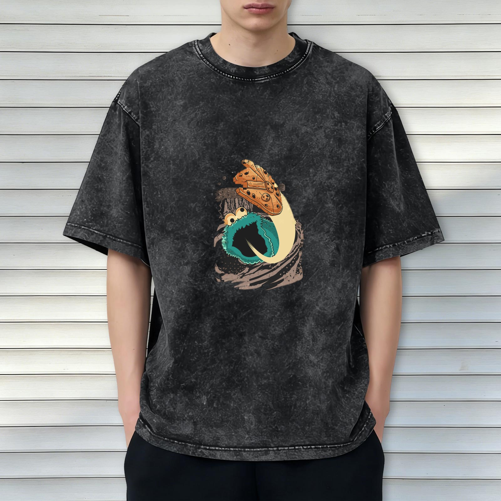 Oversized Acid Wash T-Shirt with Cookie Monster Graphic Print