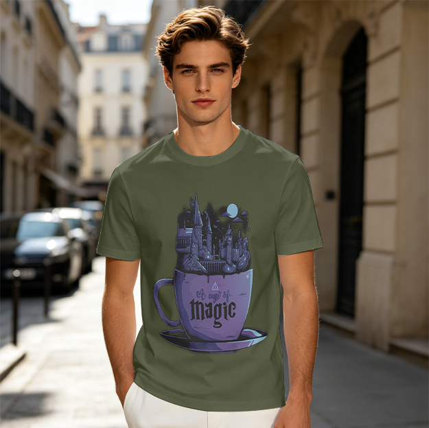 Olive T-Shirt With Teacup Holding Magical Castle Artwork