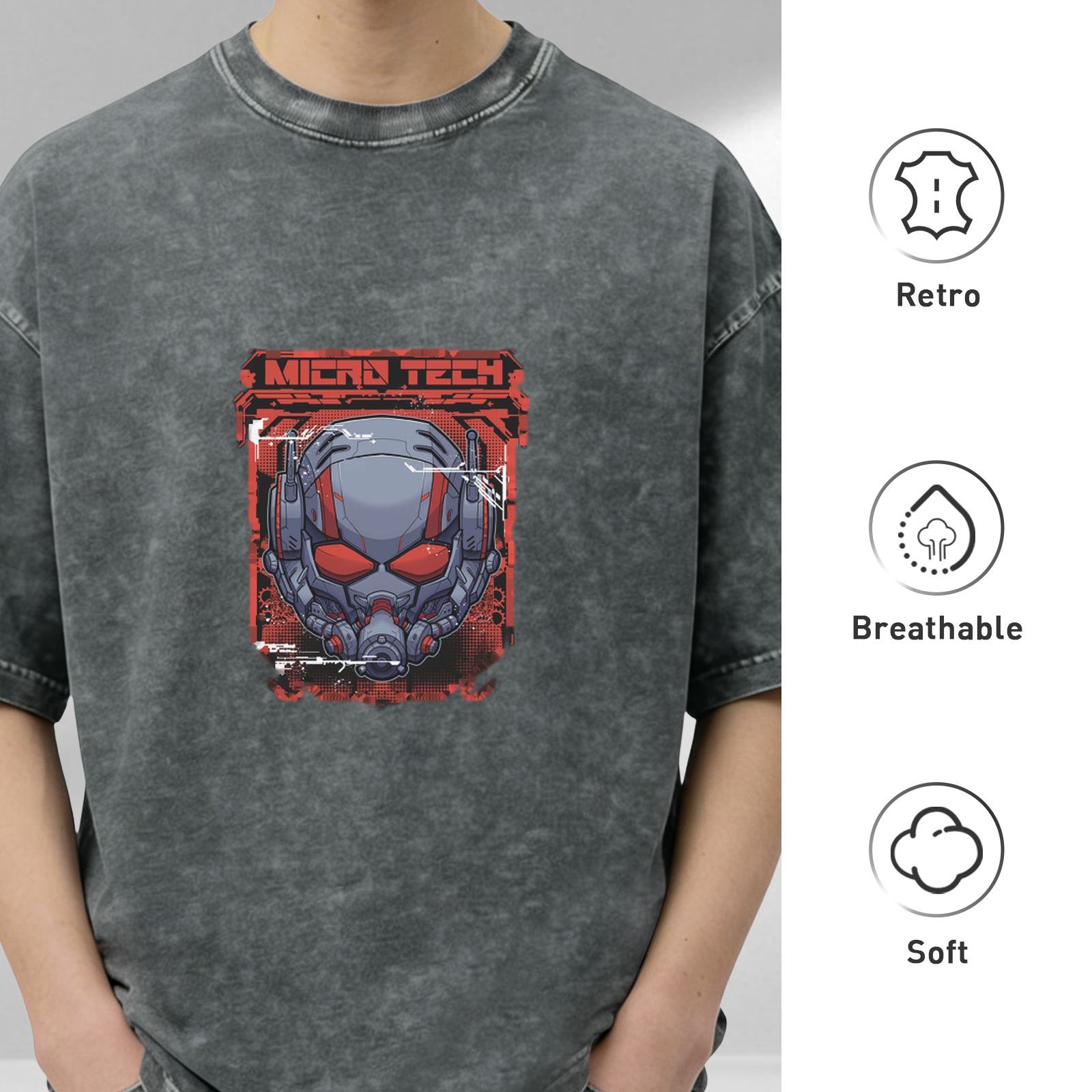 Oversized Acid Wash T-Shirt with Ant-Man Micro Tech Graphic