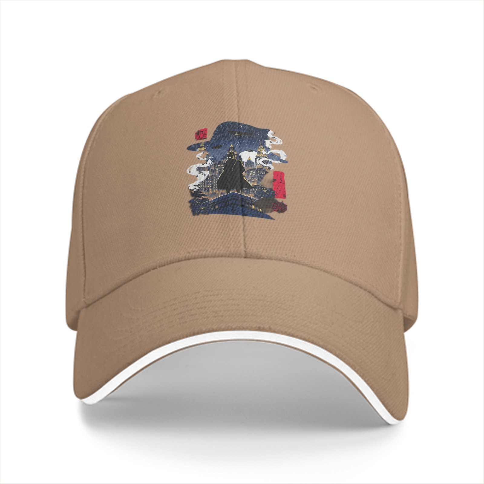 Black baseball cap with fantasy cityscape graphic print