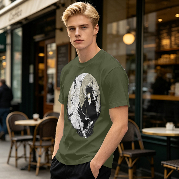 Olive T-shirt with Dark Anime Character and Raven Print