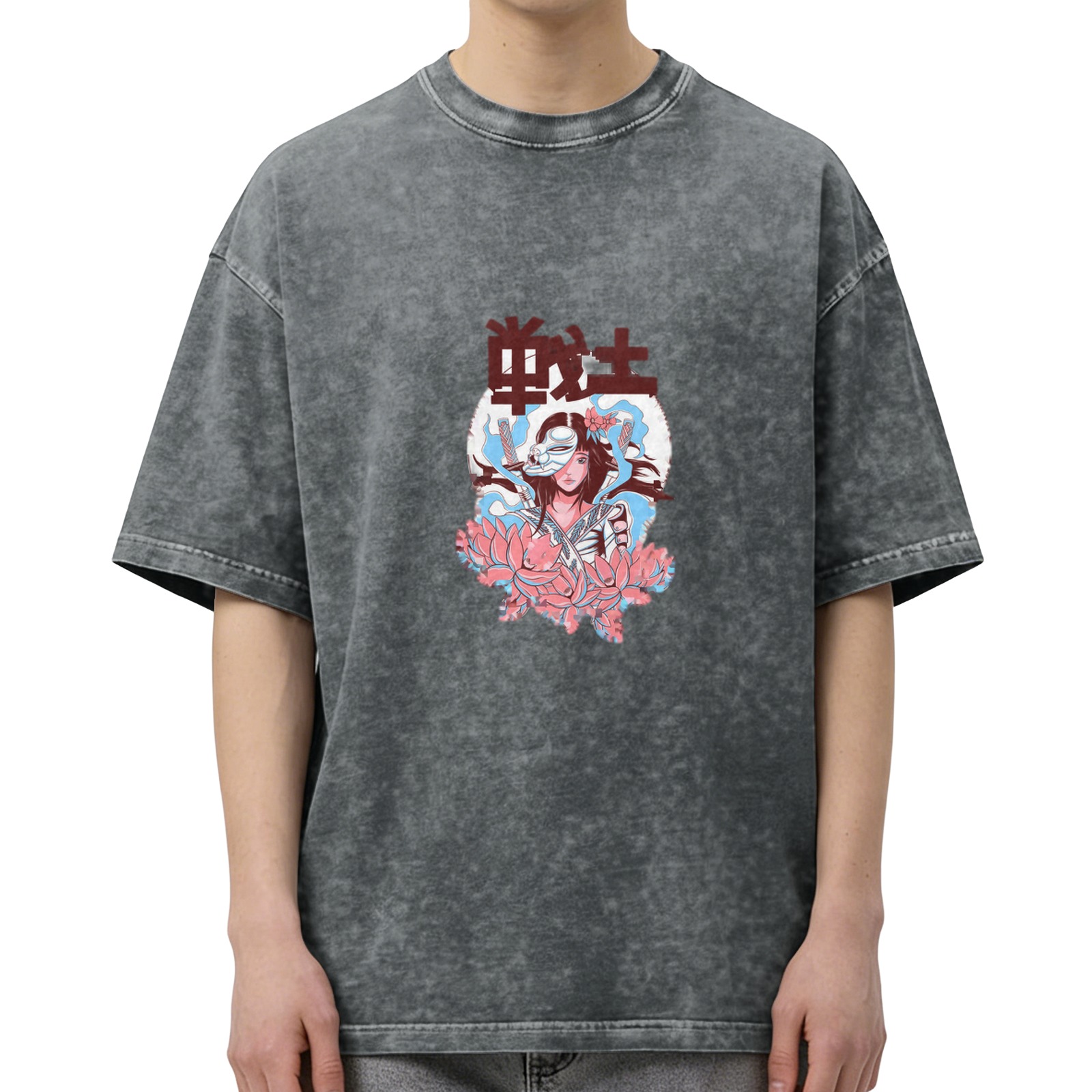 Oversized dark washed t-shirt with anime warrior girl and lotus print
