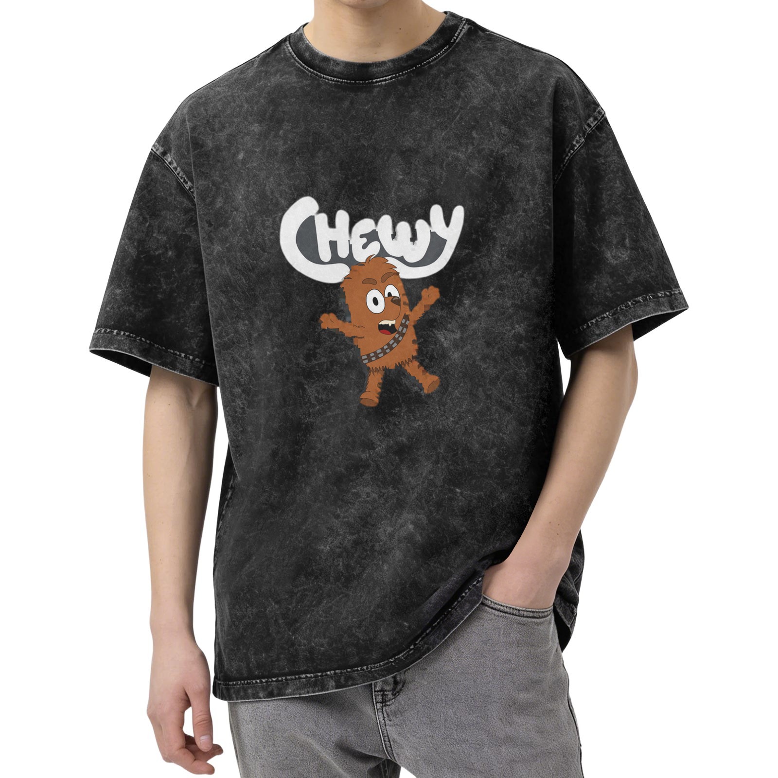 Oversized Vintage Wash T-Shirt with Cartoon Chewbacca 'Chewy' Graphic Print