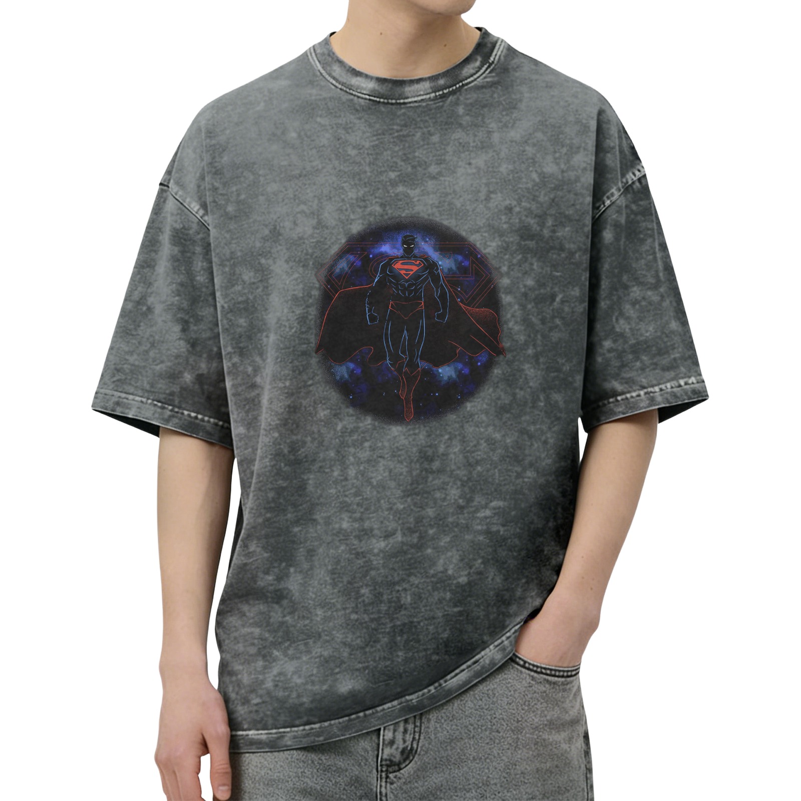 Washed Black Superman Graphic Short Sleeve T-Shirt