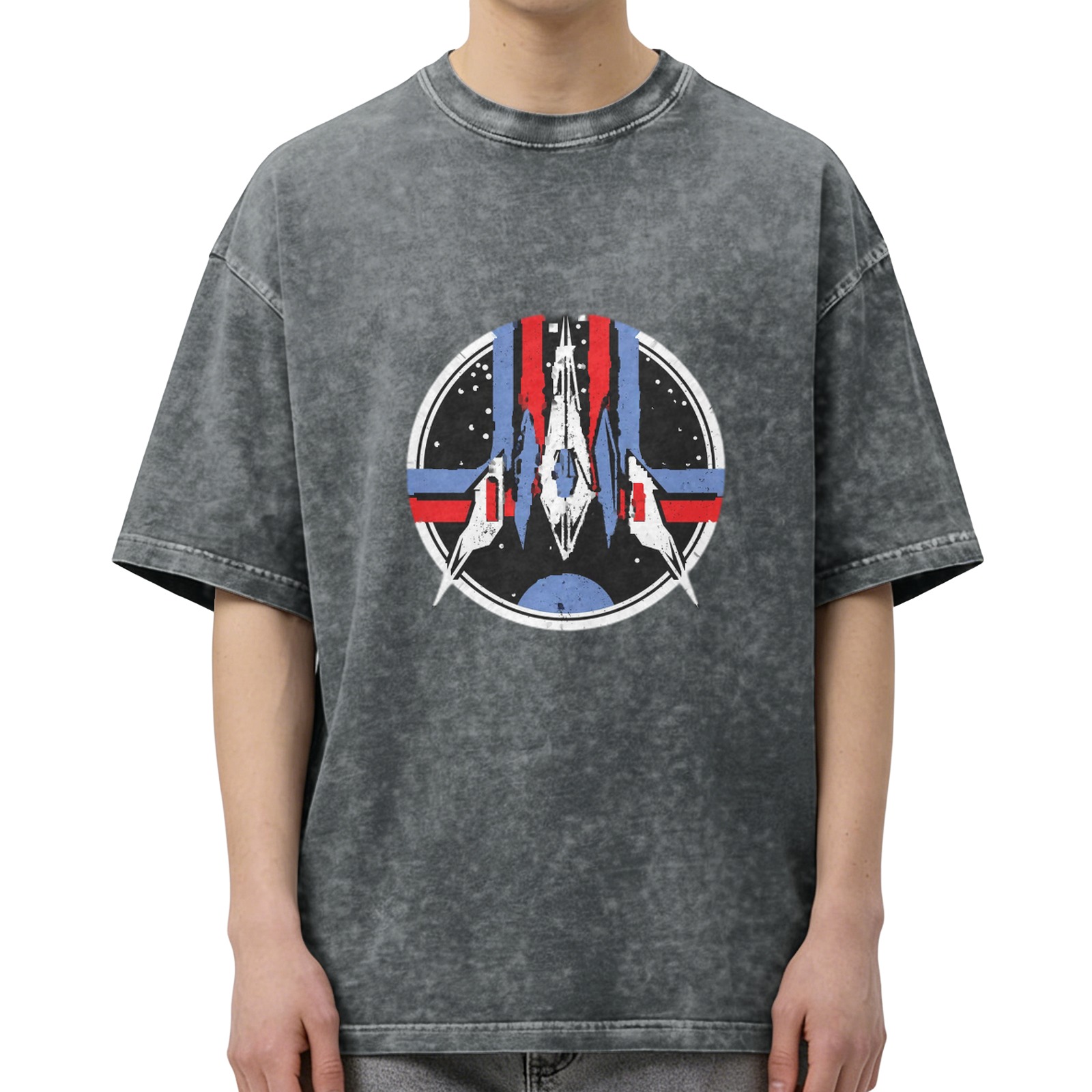 Oversized Stone-Washed Black Graphic T-Shirt with Sci-Fi Space Emblem Print