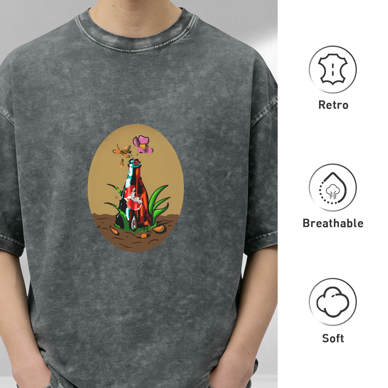 Oversized dark washed t-shirt with bottle and flower graphic print