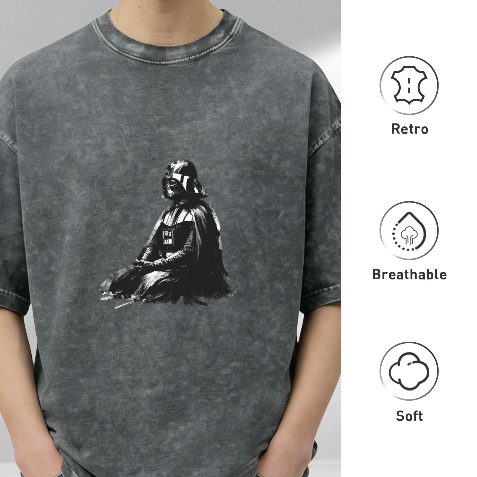 Washed Black T-Shirt With Seated Dark Warrior Graphic Print