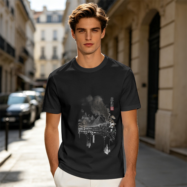Olive green t-shirt with ink-style piano and landscape graphic