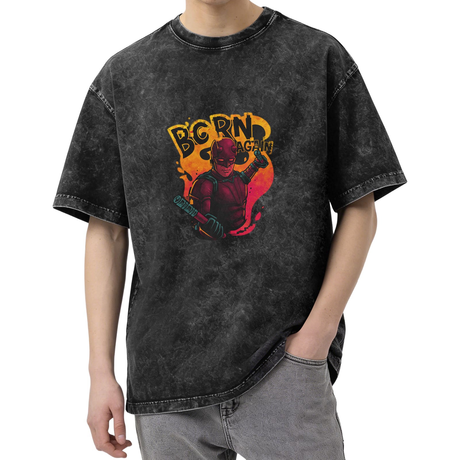 Oversized Dark Wash T-Shirt With Daredevil Born Again Graphic Print